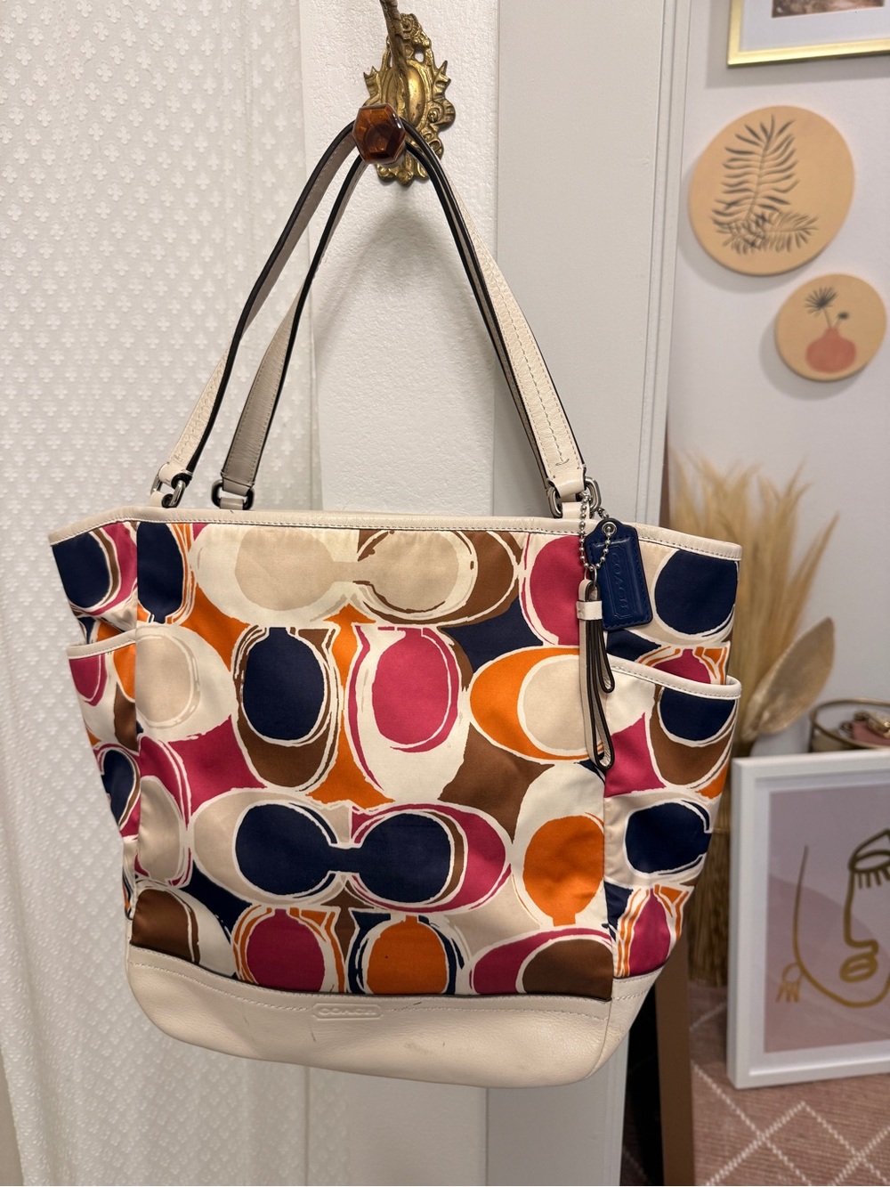 Coach Multicolor Circle Print Tote — Navy, Pink, Orange, Brown, Cream